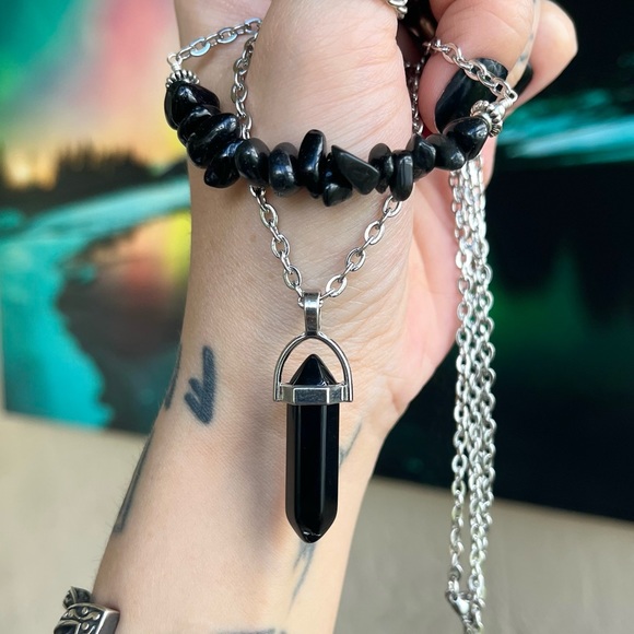 Set ! Black obsidian bullet necklace + mayching dangly earrings goth boho celtic - Picture 11 of 14
